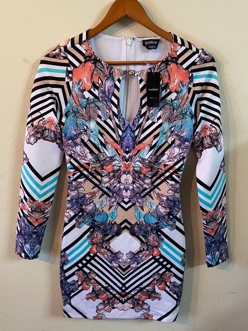 BEBE SMALL WHITE/BLACK/TEAL/CORAL/PURPLE/TAN LONG-SLEEVE BODYCON MINI DRESS